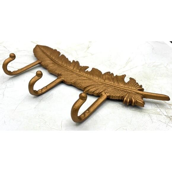Cast Iron Gold Painted Large 14" Feather Coat Hat Hanger Wall Hanging 3 Hooks - Picture 10 of 11
